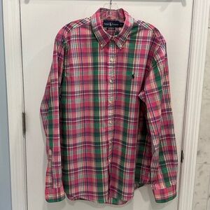 Ralph Lauren 100% Cotton pink plaid Custom Fit button down shirt Large